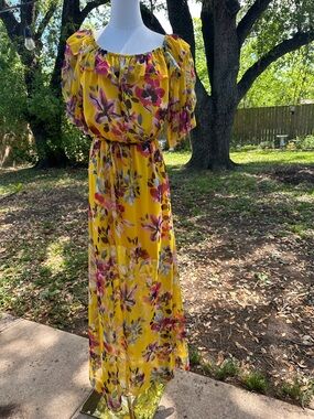 French Connection Yellow Floral Maxi Dress with Pink & Green Accents
